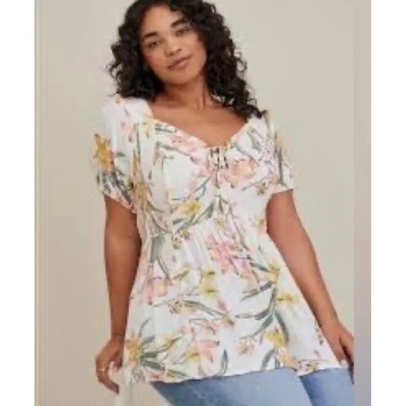 torrid Tops - Torrid‎ Floral Crinkle Gauze Babydoll Top Plus Size 2X Coquette Milkmaid Flirty